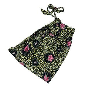 Vintage Floral Apron 50s Handmade Black Pink Yellow Flowers One Pocket Tie Back
